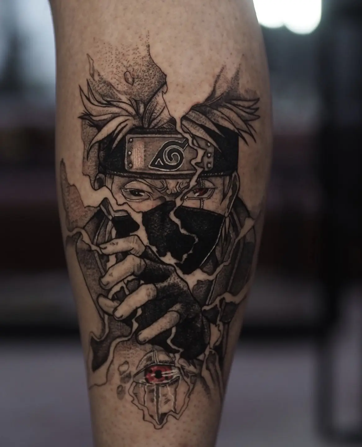 Kakashi anime character tattoo with Sharingan detail by Sara at Omnia Tattoo Melbourne